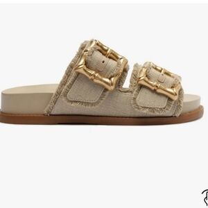SCHUTZ Beige Slide Sandals with Gold Accents. Size 9.